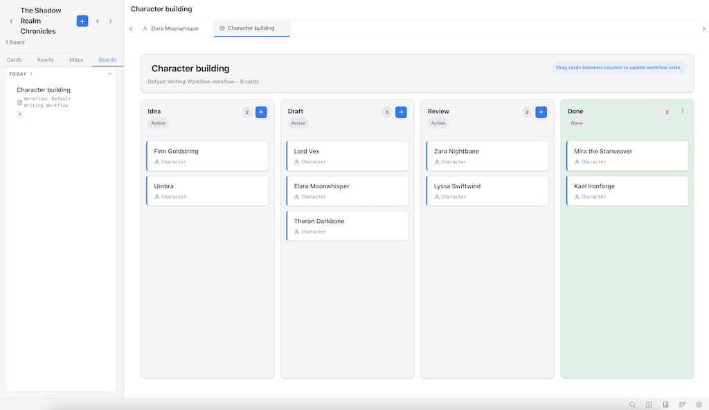 Novelode planning board with workflow columns and cards