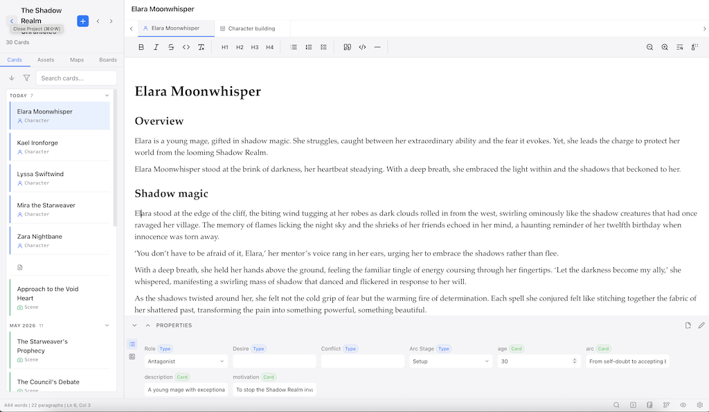 Novelode application showing a card editor, sidebar card list, and properties panel